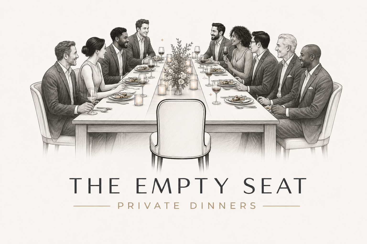 Editorial line drawing of elegantly dressed guests around a round dining table with one empty armchair in the foreground
