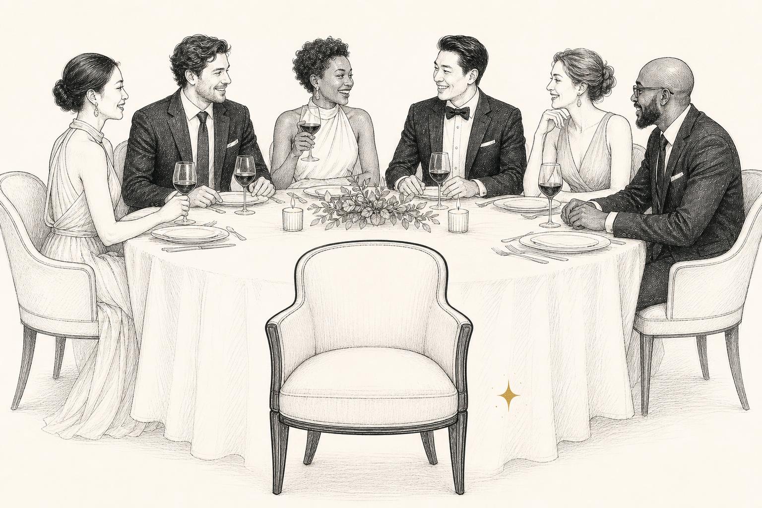 Editorial line drawing of elegantly dressed guests around a round dining table with one empty armchair in the foreground